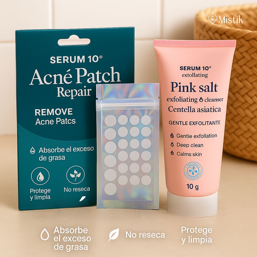 Kit Bye Bye Acné. Parches invisibles con Ácido Salicílico + Jabón exfoliante de Sal de Sal Rosa y Centella