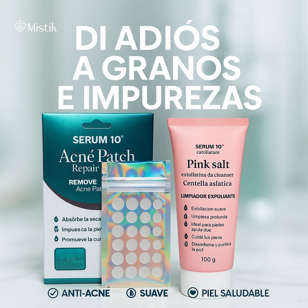 Kit Bye Bye Acné. Parches invisibles con Ácido Salicílico + Jabón exfoliante de Sal de Sal Rosa y Centella
