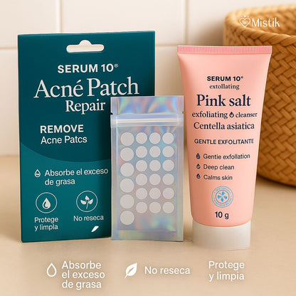 Kit Bye Bye Acné. Parches invisibles con Ácido Salicílico + Jabón exfoliante de Sal de Sal Rosa y Centella